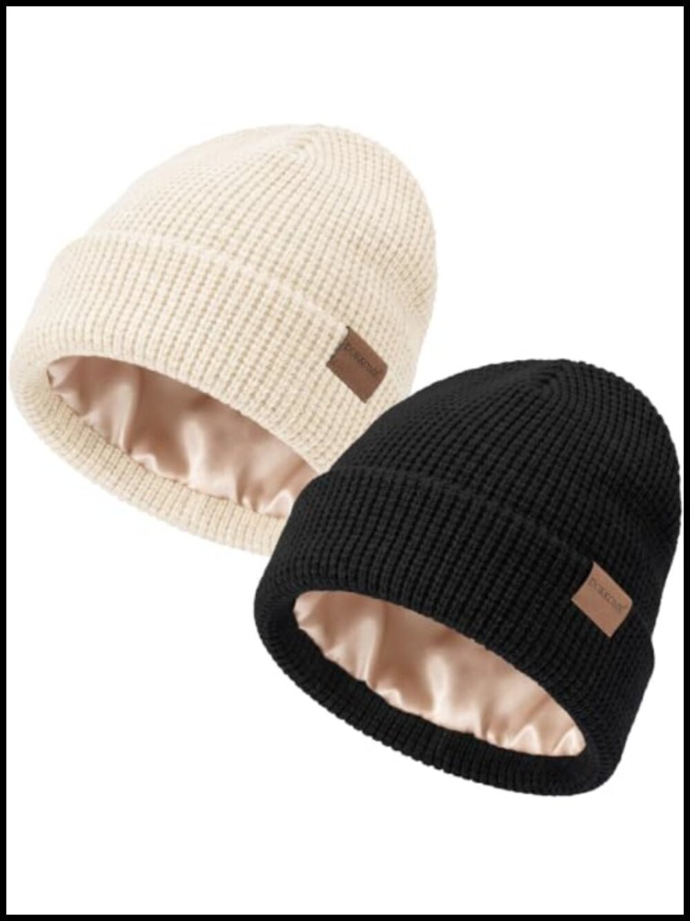 Satin Lined Waffle Knit Beanie Thick Double Layer Warm Cuffed Winter Hat